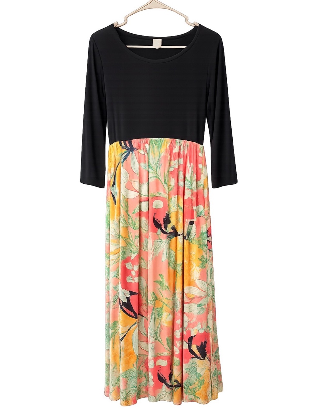 Women's Black Top Coral Floral Maxi Dress